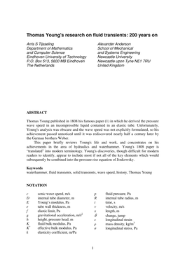 Thomas Young's Research on Fluid Transients: 200 Years On