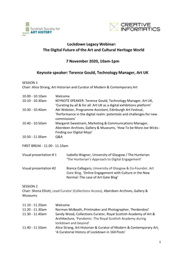 Lockdown Legacy Webinar: the Digital Future of the Art and Cultural Heritage World 7 November 2020, 10Am-1Pm Keynote Speaker: T