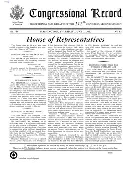 Congressional Record United States Th of America PROCEEDINGS and DEBATES of the 112 CONGRESS, SECOND SESSION