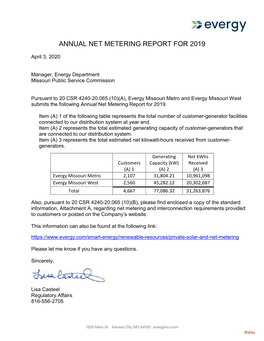 Annual Net Metering Report for 2019