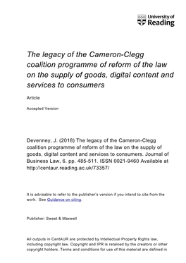 The Legacy of the Cameron-Clegg Coalition Programme of Reform of the Law on the Supply of Goods, Digital Content and Services to Consumers