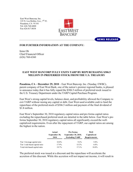 East West Bancorp Fully Exits Tarp by Repurchasing $306.5 Million in Preferred Stock from the U.S