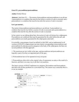 Preconditions/Postconditions Author: Robert Dewar Abstract: Ada Gem