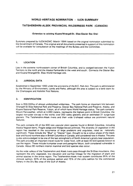 Iucn Summary Tatshenshini-Alsek Provincial Wilderness Park