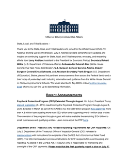 White House Briefing Call Notes 7.8.2020