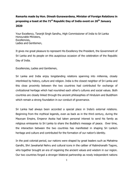 Remarks Made by Hon. Dinesh Gunawardena, Minister of Foreign Relations in Proposing a Toast at the 71St Republic Day of India Event on 26Th January 2020