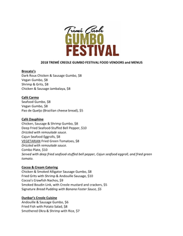 2018 TREMÉ CREOLE GUMBO FESTIVAL FOOD VENDORS and MENUS