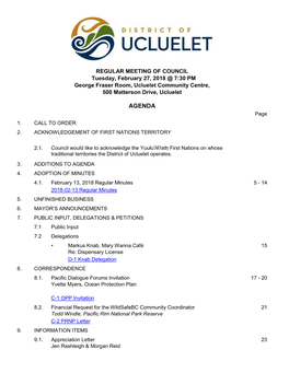 REGULAR COUNCIL MEETING HELD in the GEORGE FRASER ROOM, 500 MATTERSON DRIVE Tuesday, February 13, 2018 at 7:30 PM