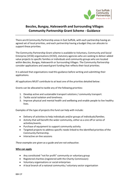 Beccles, Bungay, Halesworth and Surrounding Villages Community Partnership Grant Scheme - Guidance