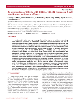 Co-Expression of CD40L with CD70 Or OX40L Increases B-Cell Viability and Antitumor Efficacy