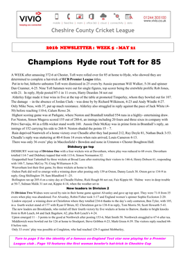 Champions Hyde Rout Toft for 85