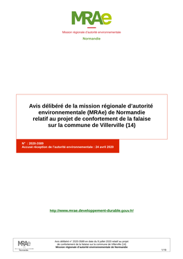 Avis Délibéré De La Mission Régionale D'autorité Environnementale (Mrae) De Normandie Relatif Au Projet De Confortement D