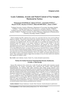 Lead, Cadmium, Arsenic and Nickel Content of Toy Samples Marketed in Turkey