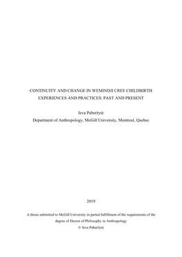 Continuity and Change in Wemindji Cree Childbirth Experiences and Practices: Past and Present