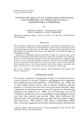 Food Plant Quality of Cynoglossum Officinale and Herbivory by Ethmia Bipunctella (Lepidoptera, Ethmiidae)