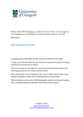 Reilly, Colin (2019) Language in Malawian Universities: an Investigation Into Language Use and Language Attitudes Amongst Students and Staff