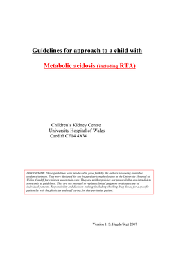 Guidelines for Approach to a Child with Metabolic Acidosis (Including RTA)