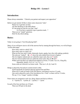 Bridge 101 – Lesson 1 Introduction: Basics