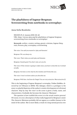 The Playfulness of Ingmar Bergman: Screenwriting from Notebooks to Screenplays