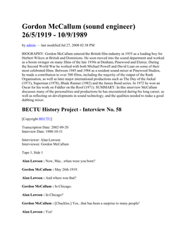 Gordon Mccallum (Sound Engineer) 26/5/1919 - 10/9/1989 by Admin — Last Modified Jul 27, 2008 02:38 PM