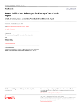 Recent Publications Relating to the History of the Atlantic Region Eric L