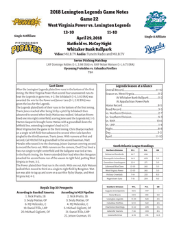 2018 Lexington Legends Game Notes Game 22 West Virginia Power Vs