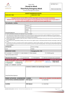 Permit to Work ______Third Party Emergency Work (Filled out by Qatar Rail) Company Management System
