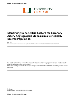 Identifying Genetic Risk Factors for Coronary Artery Angiographic Stenosis in a Genetically Diverse Population