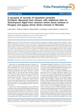 A Synopsis of Records of Myxozoan Parasites (Cnidaria