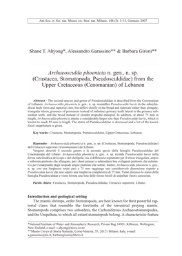 Archaeosculda Phoenicia N. Gen., N. Sp. (Crustacea, Stomatopoda, Pseudosculdidae) from the Upper Cretaceous (Cenomanian) of Lebanon