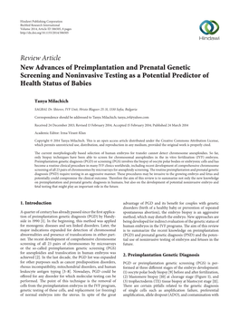 New Advances of Preimplantation and Prenatal Genetic Screening and Noninvasive Testing As a Potential Predictor of Health Status of Babies