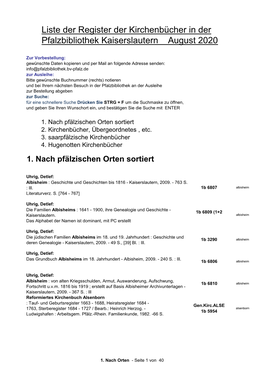 Liste Der Register Der Kirchenbücher in Der Pfalzbibliothek Kaiserslautern August 2020