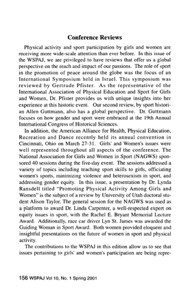 Conference Reviews Physical Activity and Sport Participation by Girls and Women Are Receiving More Wide-Scale Attention Than Ever Before