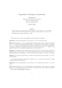 Logarithms of Integers Are Irrational