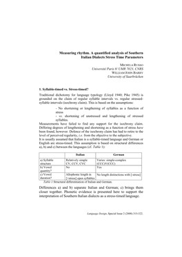 Measuring Rhythm. a Quantified Analysis of Southern Italian Dialects Stress Time Parameters