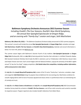 Baltimore Symphony Orchestra Announces 2015 Summer Season