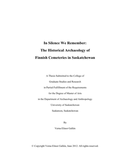 The Historical Archaeology of Finnish Cemeteries in Saskatchewan