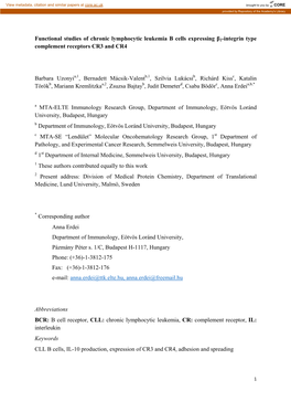 Functional Studies of Chronic Lymphocytic Leukemia B Cells Expressing Β2-Integrin Type Complement Receptors CR3 and CR4