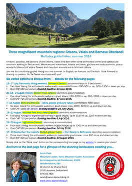 Grisons, Valais and Bernese Oberland! Multi-Day Guided Hikes, Summer 2016