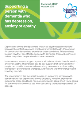 Supporting a Person with Dementia Who Has Depression, Anxiety Or Apathy