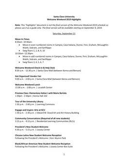 1 Santa Clara University Welcome Weekend 2019 Highlights Note: This “Highlights” Document Is Not the Final Version of the W