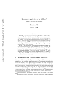 Resonance Varieties Over Fields of Positive Characteristic