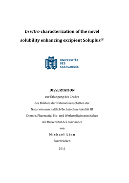 In Vitro Characterization of the Novel Solubilizing Excipient Soluplus