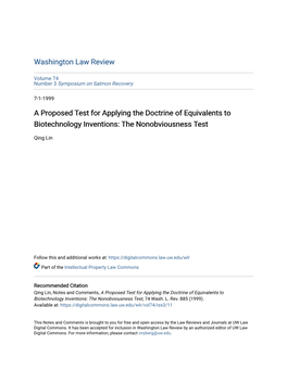 A Proposed Test for Applying the Doctrine of Equivalents to Biotechnology Inventions: the Nonobviousness Test