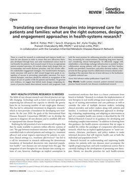 Translating Rare-Disease Therapies Into Improved Care for Patients and Families