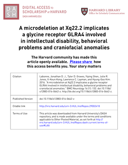 A Microdeletion at Xq22.2 Implicates a Glycine Receptor GLRA4 Involved in Intellectual Disability, Behavioral Problems and Craniofacial Anomalies