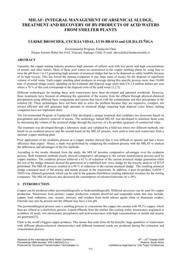 Integral Management of Arsenical Sludge, Treatment and Recovery of By-Products of Acid Waters from Smelter Plants