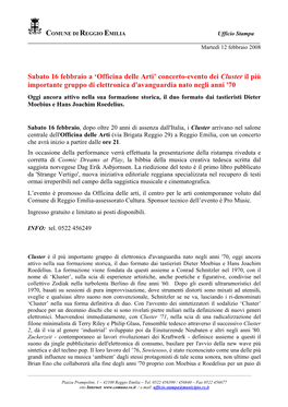 Officina Delle Arti’ Concerto-Evento Dei Cluster Il Più Importante Gruppo Di Elettronica D'avanguardia Nato Negli Anni '70