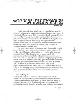 INDEPENDENT MINYANIM and PRAYER GROUPS of the 1970S: HISTORICAL and SOCIOLOGICAL PERSPECTIVES Riv-Ellen Prell