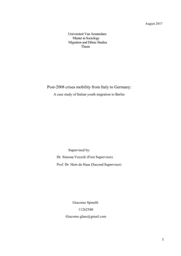 Post-2008 Crises Mobility from Italy to Germany: a Case Study of Italian Youth Migration to Berlin